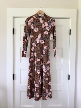 Free People Long Sleeve Floral Leopard Print Maxi Midi Dress - XS Pink/Brown